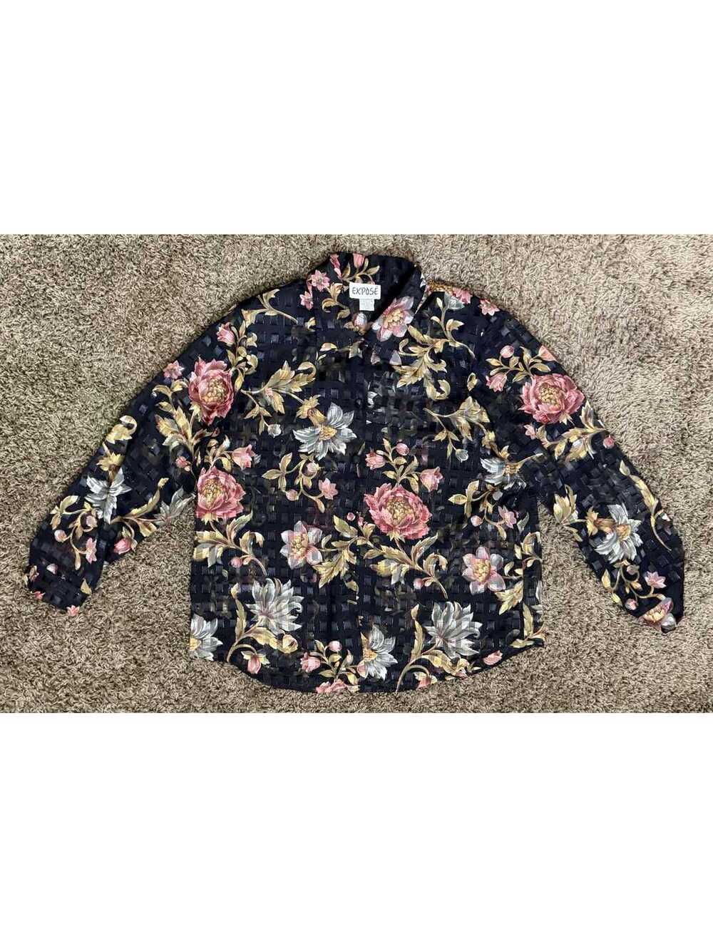 1980s Sheer Burnout Blouse by Expose Black x Earthy Floral size XL - Picture 8 of 10